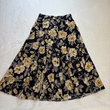 Vintage Express Black A-Line Skirt with Gold and Cream Rose Print