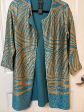 Travelers Collection by Chico's Teal  Gold Metallic Wave Long Blazer Size 0