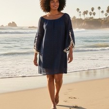 Kori America Dress Plus 1X navy blue Lace Eyelet Tassel bell sleeves NWT