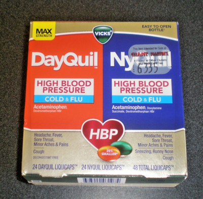 Max Dayquil Nyquil High Blood Pressure Cold and Flu 48 Liquid Cap Exp 8/26