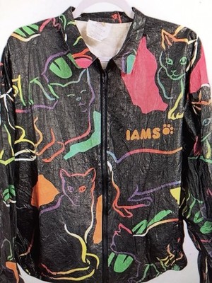 Vintage 80s IAMS Cat Print Rainbreaker Jacket XL Paper Tyvek Windbreaker Neon XL