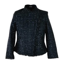 Ann Taylor Blazer Size 6P Black Tweed Sparkle Fringe Trim Asymmetrical Zip New