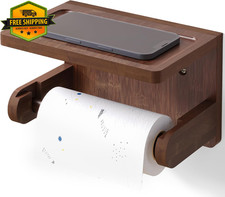 Bamboo Toilet Paper Holder with Phone Shelf Brown Wood Bathroom Storage Set