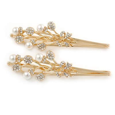 2 Braut/Abschlussball klarer Kristall, Perle Blumen Haargriffe/Folien in Vergoldung -