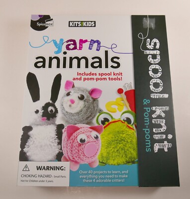 Spice Box Kits for Kids ''Yarn Animals'' Kit with Spool Knit & Pom-Poms Book