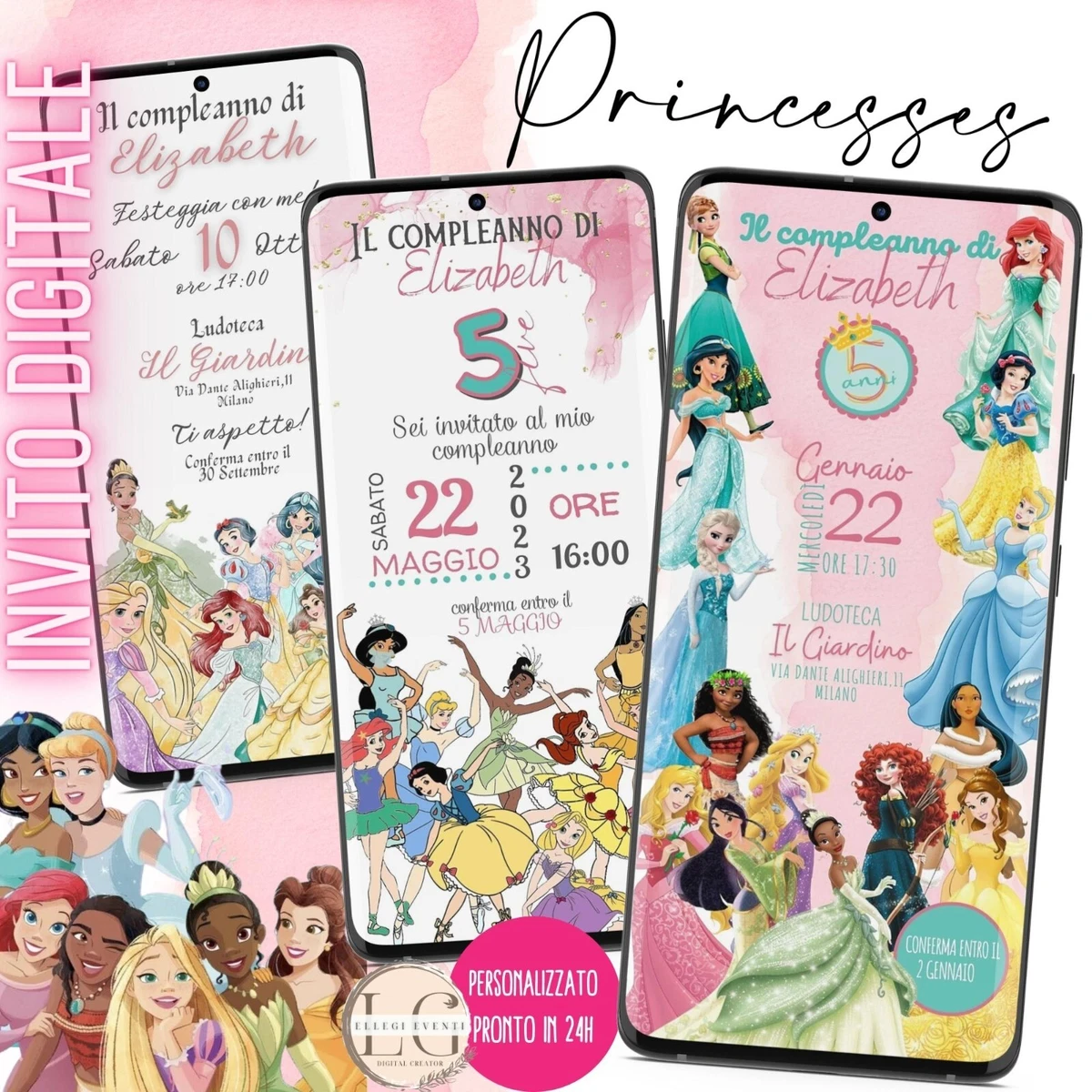 Invito con principesse per bambine di 1 anno | Crea inviti