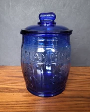 Vintage Cobalt Blue Planters Peanuts Jar With Lid, Barrel Design,  11" Tall-RARE