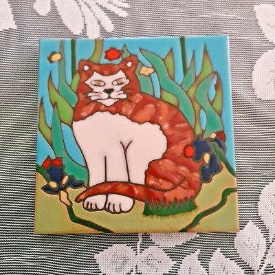 Pacific Blue Tile Ceramic Tile TIGER STRIPED CAT USA Hand Painted 6'' Tile Trivet