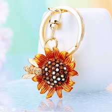 Golden Sparkling Bee Sunflower Crystal Rhinestone Keychain Keyring Bag Cha