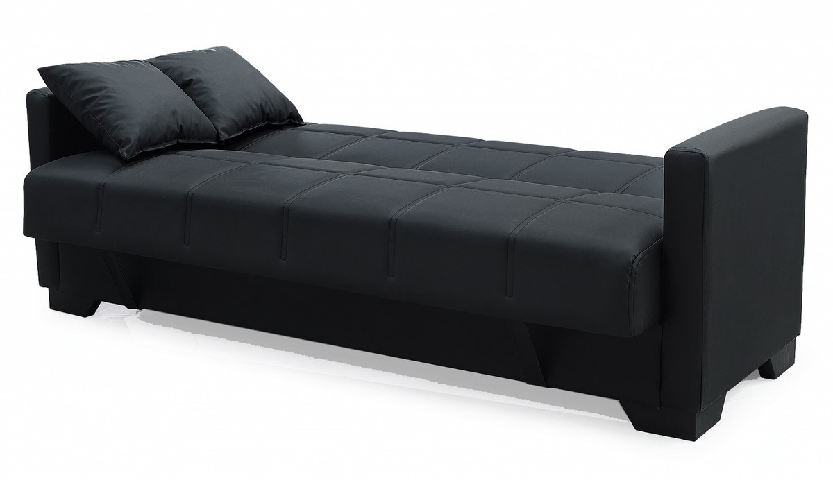 DIVANO LETTO CON CONTENITORE RECLINABILE ECOPELLE NERO CUSCINI