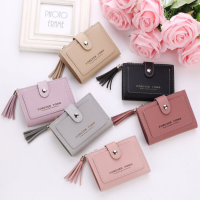 Women Short Wallet Leather Buckle Tassel Credit Card Holder Purse