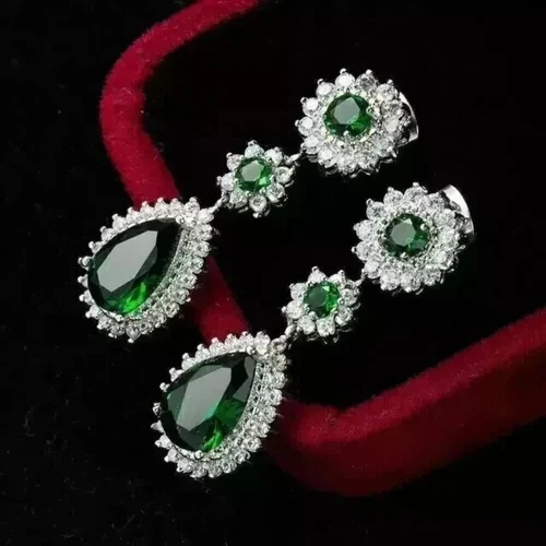 3.00Ct Pear Cut Lab Created Emerald Drop Dangle Earrings 14K White Gold Plated