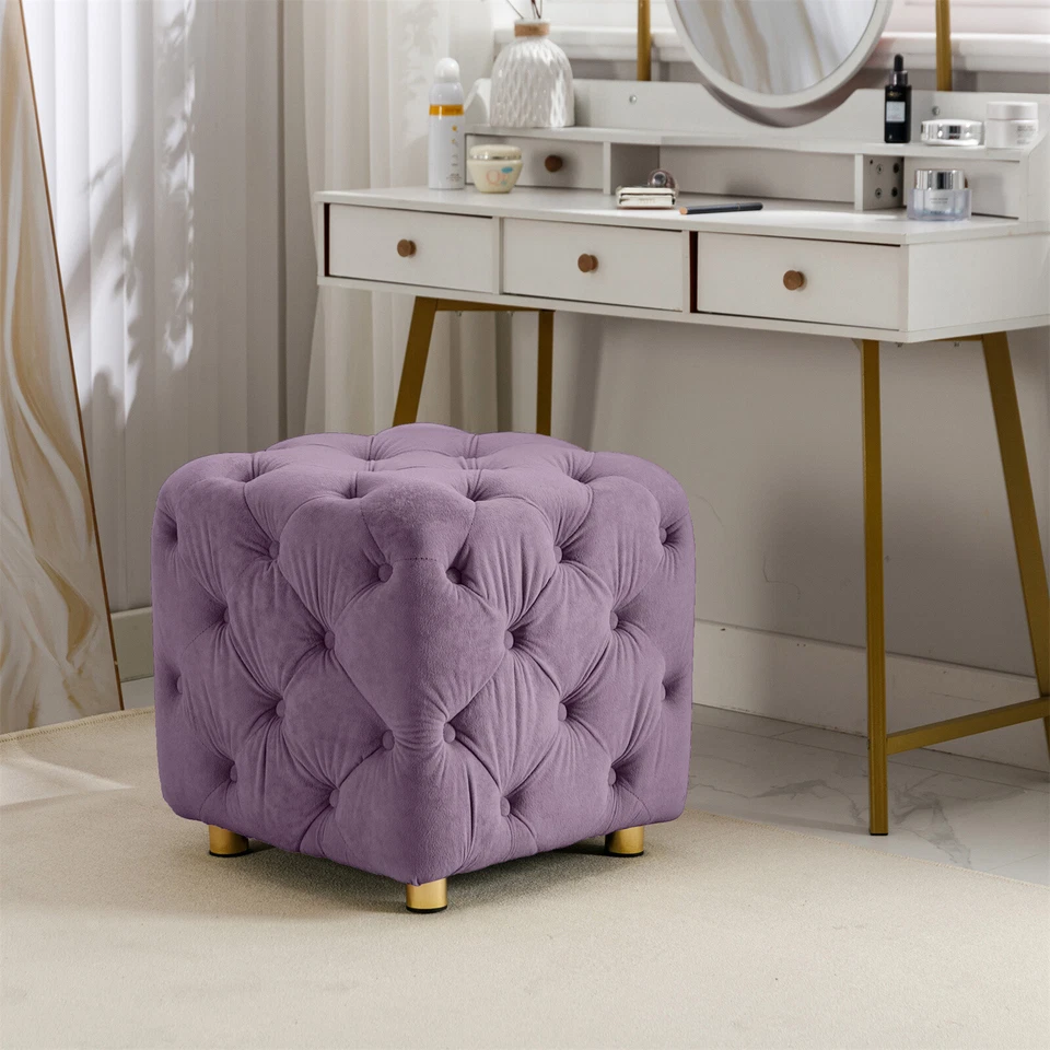 Square Velvet Footrest Stool Ottoman, Upholstered Vanity Chair Pouffe Bedroom US - Image 2 of 4