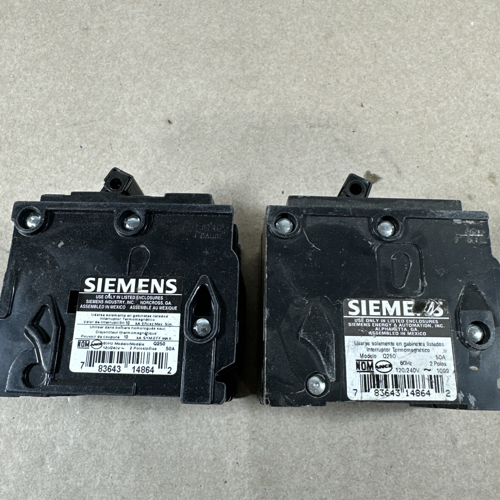 Two 2 Siemens Q250 2 Pole 50 Amp 120/240VAC Circuit Breaker Type QP250 Lot Of 2