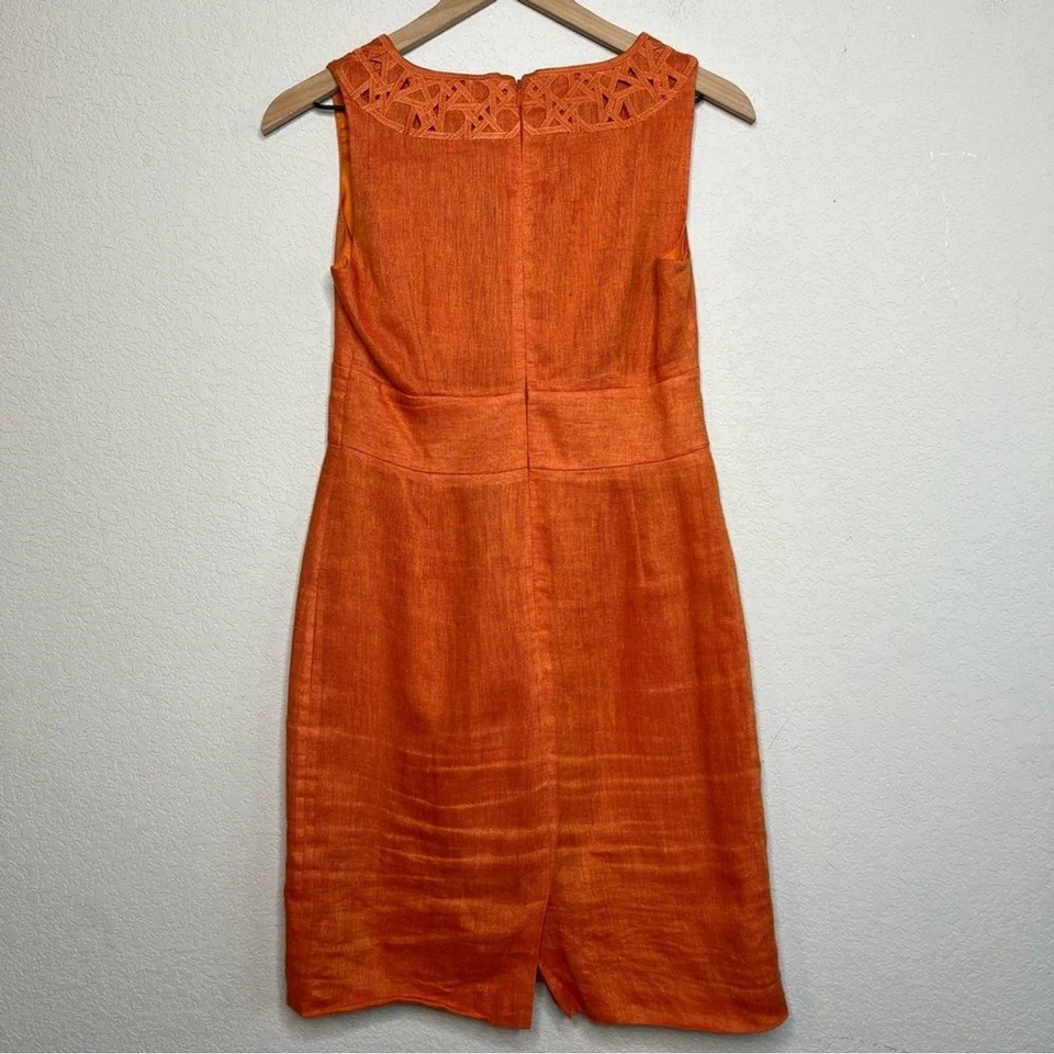 Talbots Women 100% Linen Mini Dress 2P Orange Embroidered V-Neck Empire Waist - Image 2 of 4