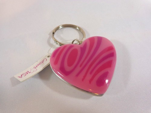 Heart Shaped Key Chain Ring Pink White Silver Metal and Enamel - Picture 5 of 14