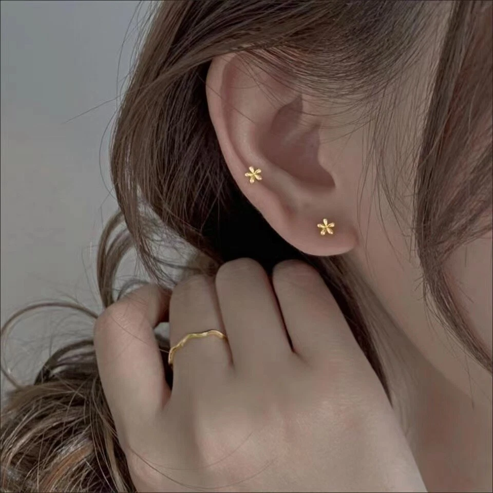 Womens Tiny Gold Flower Screw Back Stud Earrings Dainty Jewelry Surgical Steel - Image 3 of 4