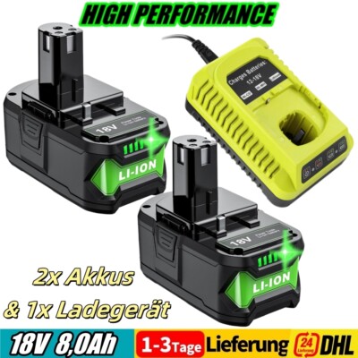 2X 8,0AH Akku mit 1X Ladegerät für Ryobi ONE 18V P108 LITHIUM RB18L40 RB18L20