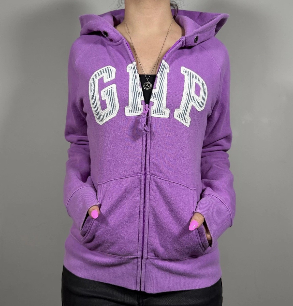 Y2K Gap Zip Up Hoodie Womens Medium Purple Fleece Embroidered