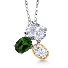 925 Silver and 10K Yellow Gold White Topaz Green Chrome Diopside and White