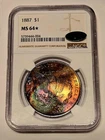 1887 P Morgan Silver Dollar NGC MS64* TRUE RAINBOW TONED REVERSE CAC GEM GRADE