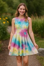 Vintage Gay Gibson  Dress 1960s Tie Dye Fit & Flare Lace Up Twirl Womens XS