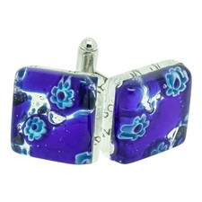 Murano Glas Manschettenkn&ouml;pfe blau und silber Millefiori Paar eckig