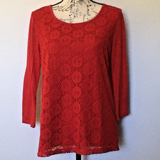 VTG Liz Claiborne Crochet Lace Red 3/4 Sleeve Tee