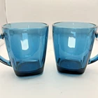 2 Anchor Hocking Rio Square Coastal Blue Glass Coffee Mug MCM Vintage 16 oz