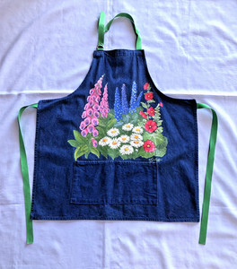 Liz Lauter Designs Apron Cotton Floral Foxglove Daisies Garden Apron 1995