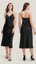 Lilysilk Pure Mulberry Silk Black Slip Dress Size S Strappy V Neck Midi Pearls