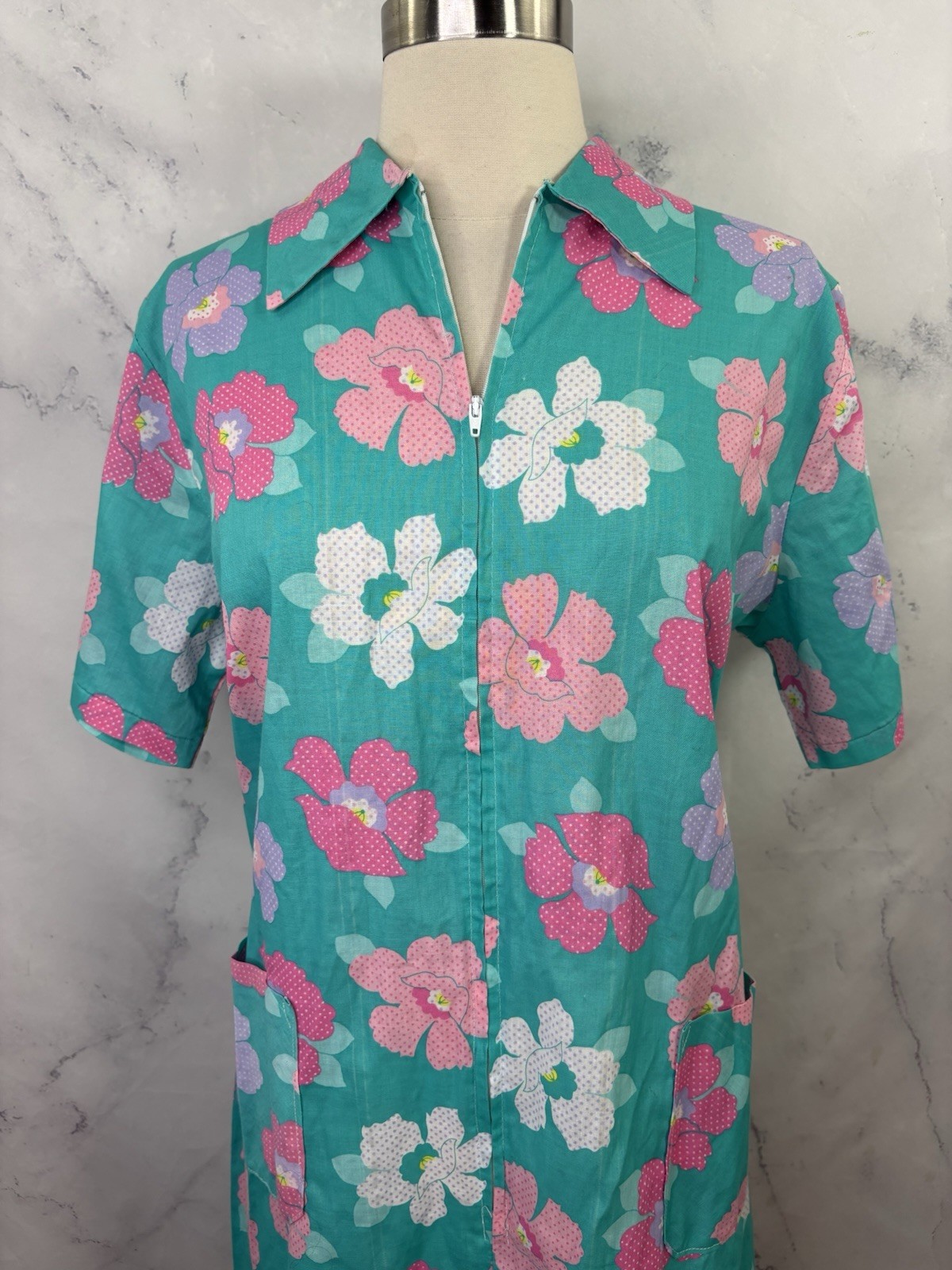 Vtg 70s MOD House Dress Floral Zip Front Belted Pockets Housewife Cottagecore L