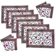 Set of 6 Cotton Placemat & Napkins Floral Pink Green Handcrafted Bohemian