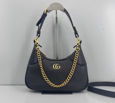 Gucci Aphrodite Small Hobo Bag Black Pebbled Leather Gold Double G Hardware 2-Wa