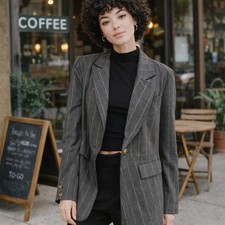 FREE PEOPLE CHARLOTTE Women s Medium Charcoal Gray Striped Button Blazer NWT