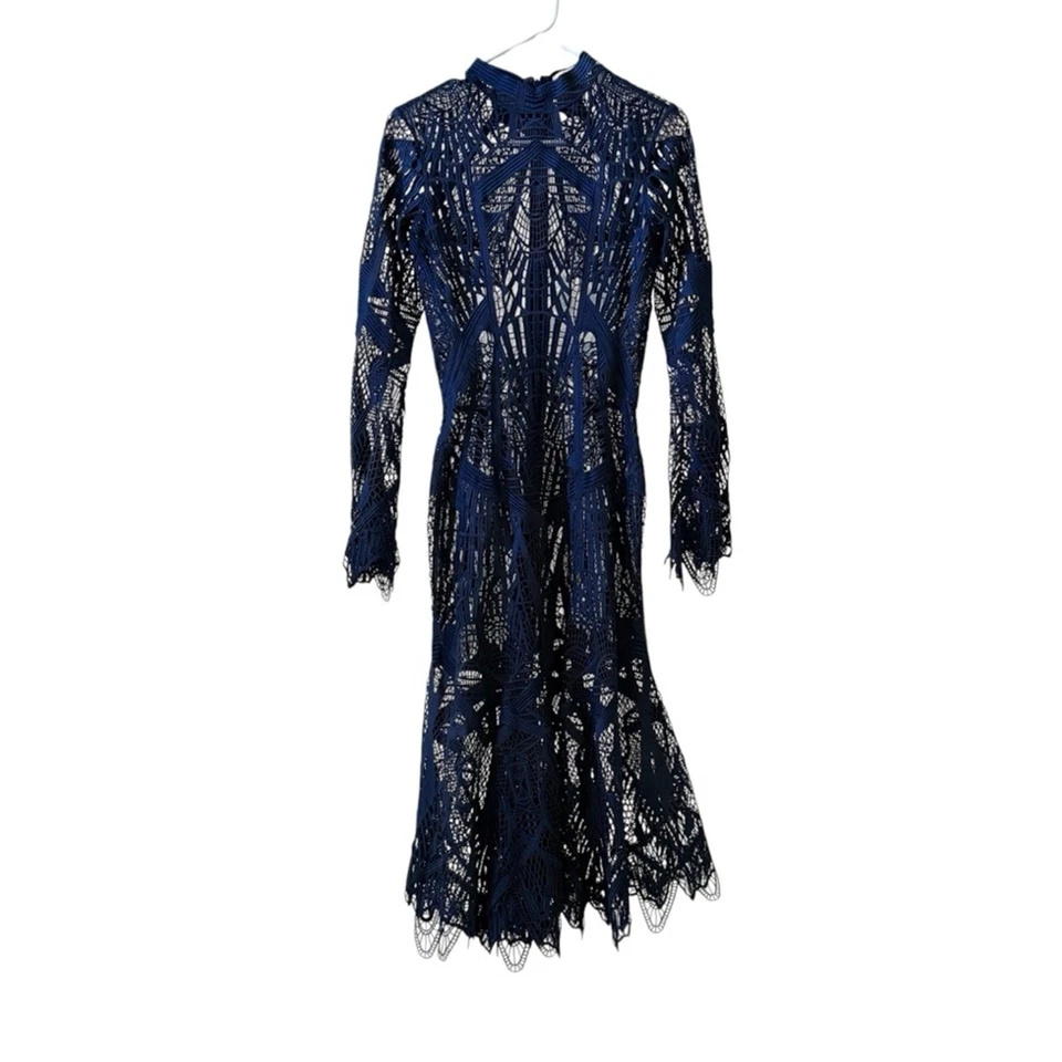 Vestido midi acampanado de encaje con cuello falso SIMKHAI azul marino talla 4 Foto 2 de 4