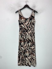 Warehouse Black Beige Leaf Print Midi Shift Sleeveless Dress UK 8