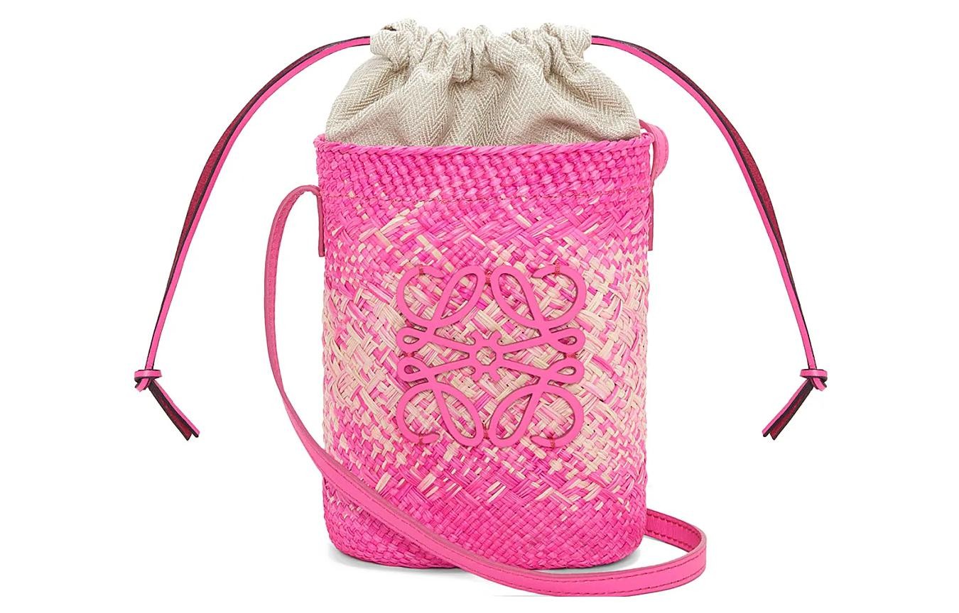 Loewe Logo Drawstring Closure Iraca Palm Leather Basket Phone Bag