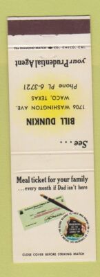 Matchbook Cover - Prudential Insurance Bill Dunkin Waco TX