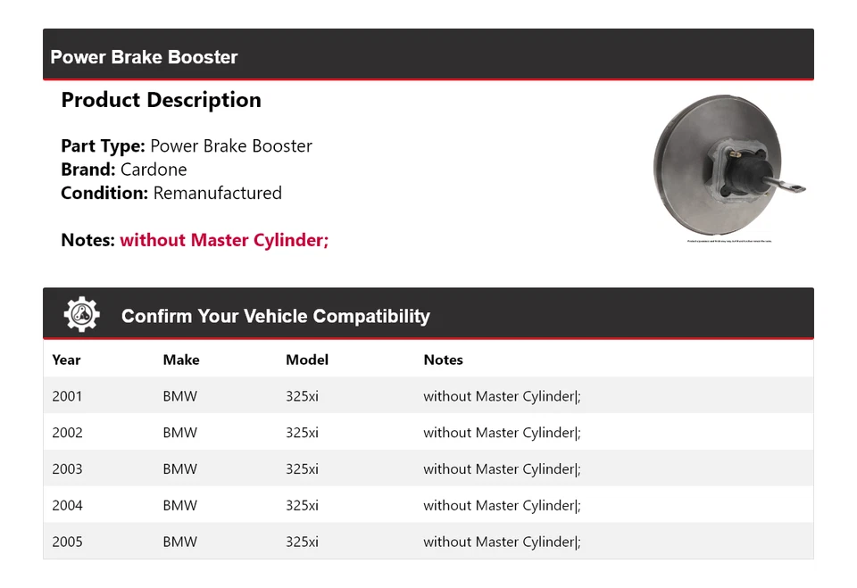 For 2001-2005 BMW 325xi Power Brake Booster Cardone 2002 2003 2004 — 第 2/4 张图片