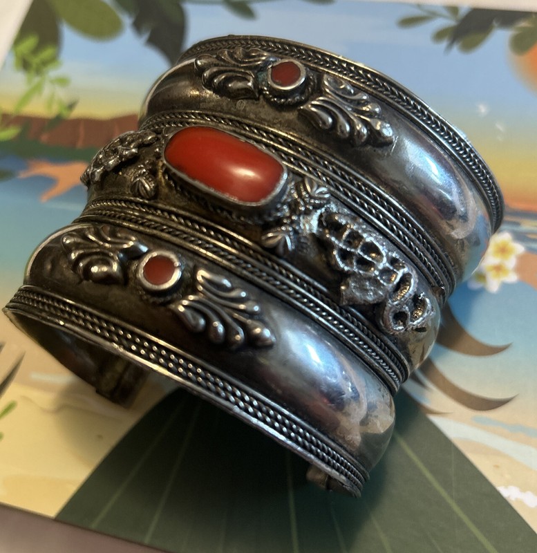 Vintage Asian Handmade Silver Tone Red Stone Wide Cuff Bracelet