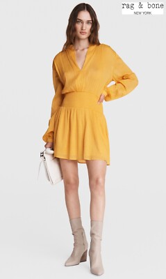 RAG & BONE NWT $395 CALISTA L/S COTTON/VISCOSE DEEP YELLOW MINI DRESSS. SIZE M