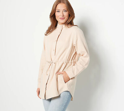 Side Stitch Luxe Denim Twill Drawcord Shacket Shirt Warm Sand XXS