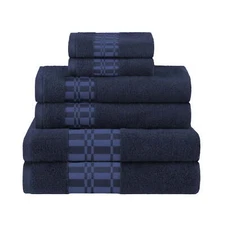 Superior Geometric Border Assorted 6-Piece Cotton Bath Towel Set, Navy Blue Soft