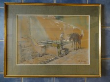 ancien tableau pastel et gouache signe SUZLY B (XX ème) mulet près d un lavoir