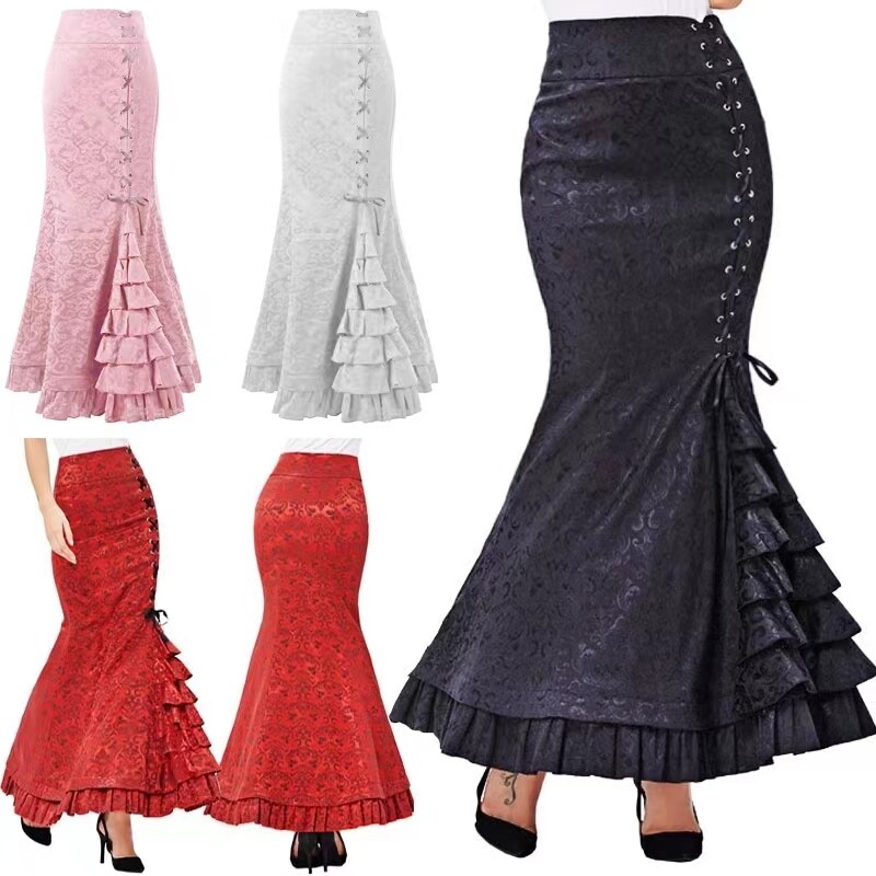 Women Punk Style Retro Jacquard Mermaid Skirt Ruffle
