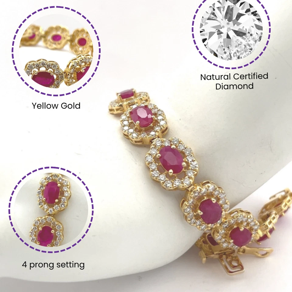 Brazalete IGI 17,44 CT Forma Ovalada Elegante Rubí y Diamantes Naturales Oro Amarillo 14K Foto 3 de 4
