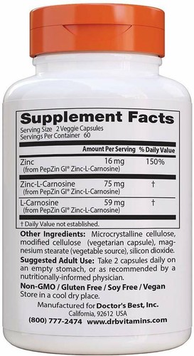 DOCTOR'S BEST, PEPZIN GI Zinc-L-Carnosine 120 Veg. Kapseln SUPER PREIS - Bild 3 von 3