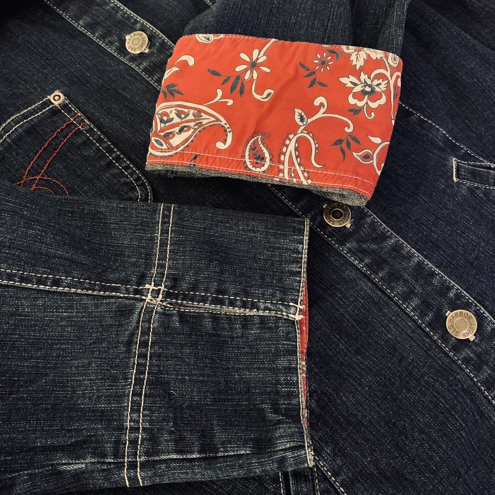 sag harbor sport denim jacket womens size L snap dark wash blue jean