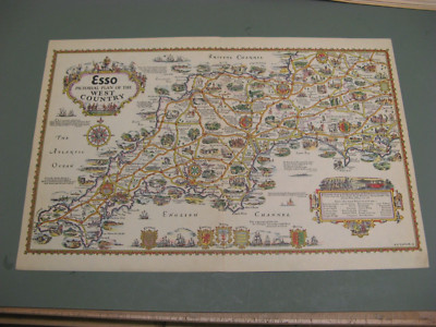 100% ORIGINAL CORNWALL DEVON ESSO PICTORIAL MAP BY TAYLOR C1933 ORIGINAL COLOUR
